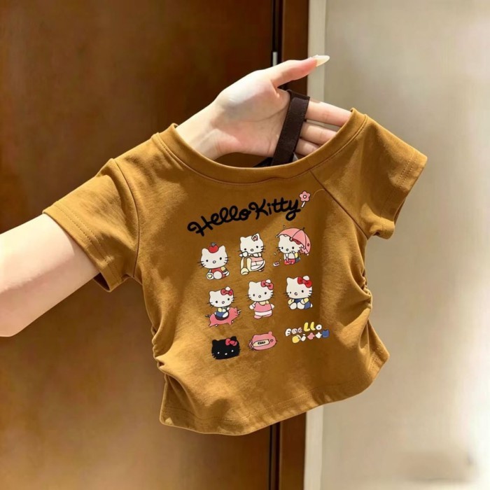 Áo thun lệch vai gừng bé gái cotton nguyên chất mùa hè mỏng xếp ly in hình tay ngắn trễ vai kiểu