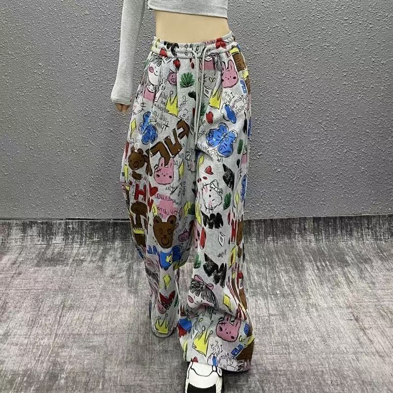 Lan Quần Jeans Mùa Hè Phong Cách Graffiti Mỹ, Ống Rộng Thẳng Mỏng Nhẹ