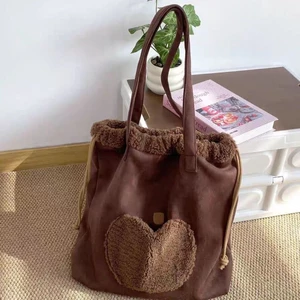 Apple Bunch Fleece Shoulder Tote Bag Cute Plush Shoulder Embroidery Large Capacity Retro Suede C