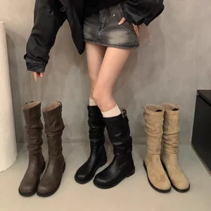 Bốt bốt thiết kế dày gót cao bốt Martin bốt nữ da lộn Pháp kaki ôm bốt hiệp sĩ bốt