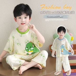 Mới Hoạt Hình Khủng Long Nhỏ Bộ Đồ Ngủ Bé Trai Mùa Hè Bộ Đồ Mỏng Bé Trai Bé Trai Tay Ngắn Điều Hòa
