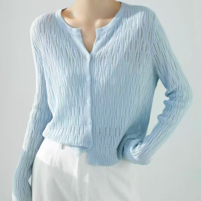 Mùa hè hàn quốc mới băng lụa dệt kim cardigan cổ tròn băng lụa mỏng áo len dệt kim dài tay hà