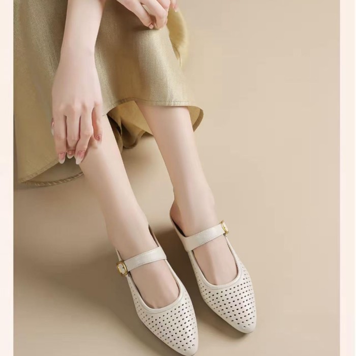 Giày sandal mũi nhọn thoải mái cho nữ mùa hè, giày nữ da mềm lỗ rỗng thoáng khí, gót dày, dép đi là