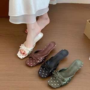 French Style Open Toe Polka Dot Summer New Fashion Bow Slip-on Slippers Thick Heel Comfortable T