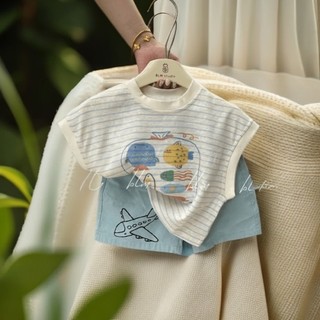 Bộ đồ trẻ em mùa hè mới phiên bản Hàn Quốc áo vest sọc cotton hoạt hình cho bé quần đùi đi máy bay