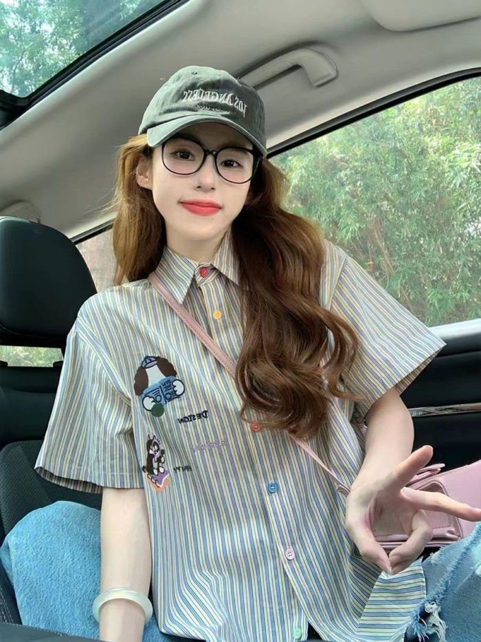 American Striped Short-sleeved Shirt For Women New Summer Lazy College Style Loose Embroidere