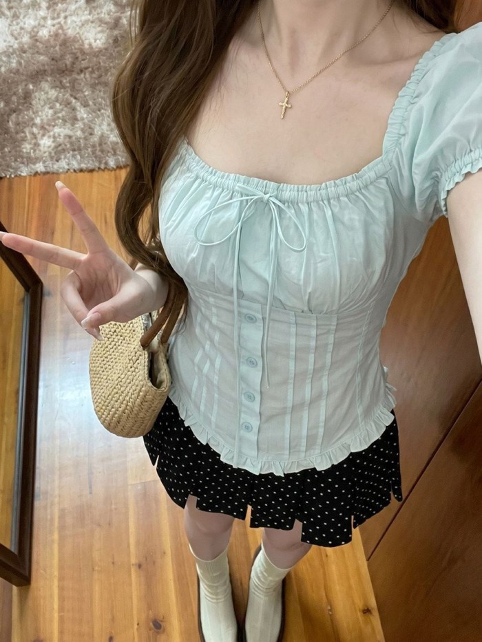 Mint Blue Puff Sleeve Square Neck Short Sleeve Shirt Womens Summer Korean Style Unique And Be