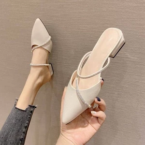 Summer New Style French Elegant Pointed Toe Sandals With Rhinestone Straps, Thick Heel, Toe And