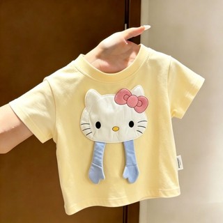 Áo cotton ngắn tay mùa hè bé gái ba chiều mèo ba chiều ngọt ngào và sành điệu Áo thun ngắn tay cho