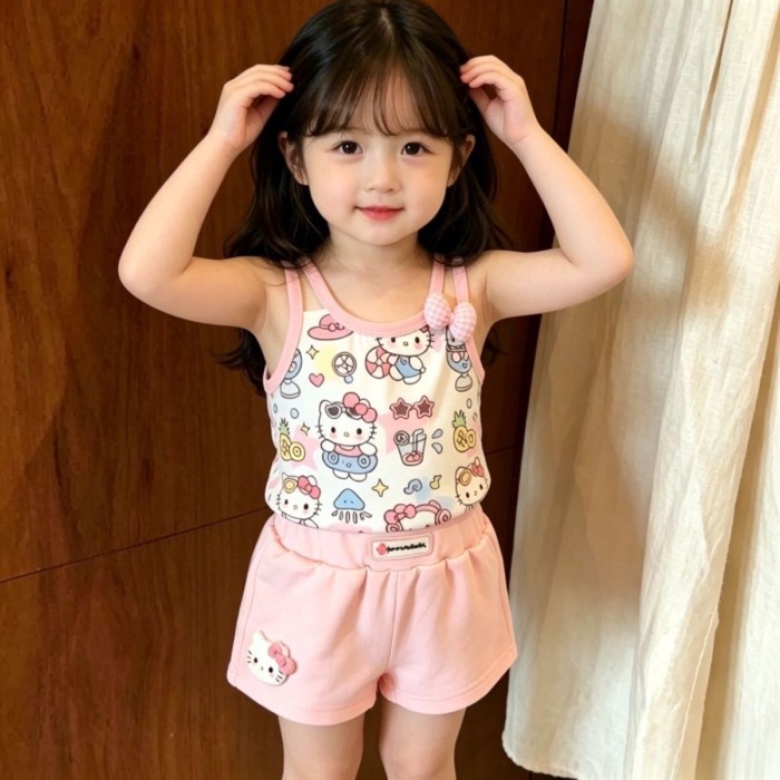 Bộ Đồ Bé Gái Hoạt Hình Suspender Mùa Hè Mới Áo Trẻ Em Quần Short Dễ Thương Bộ 2 Món