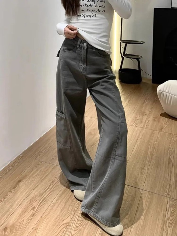 Gray Denim Overalls For Women American Retro High-waisted Loose Design Straight-leg Slimming