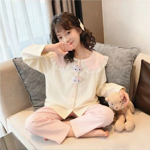 bộ đồ ngủ trẻ em mùa xuân thu đông dễ thương cổ búp bê bé gái cỡ trung và lớn trẻ em dài tay kiể