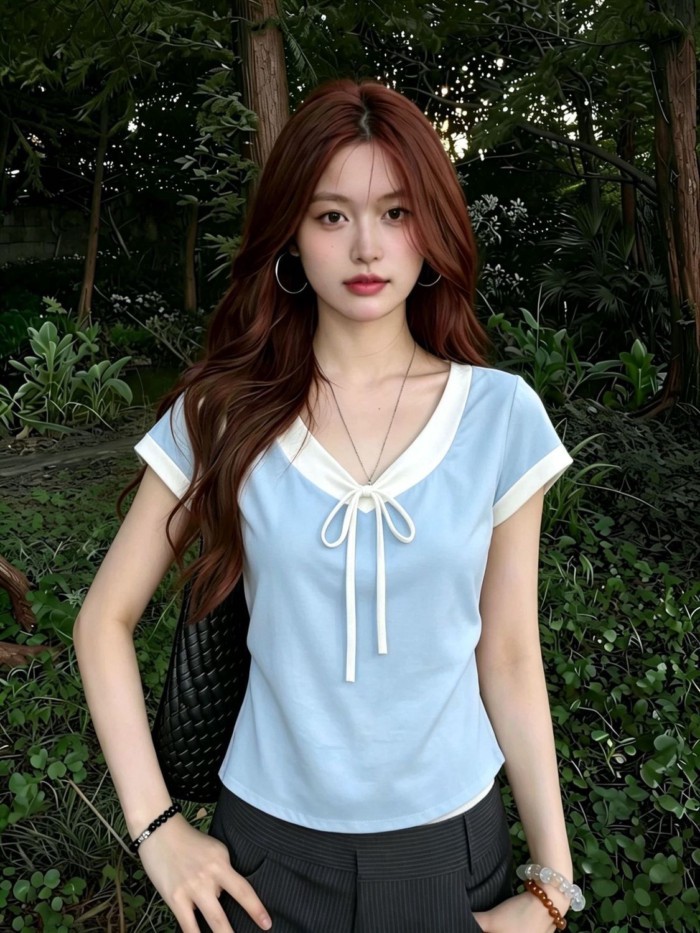 Pure Cotton Korean Style Niche V-neck Contrasting Color Short-sleeved T-shirt For Women Summe