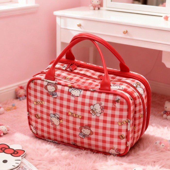 kitty Student Cosmetic Bag Portable Three-layer Large-capacity Partitioned Storage Travel Toil