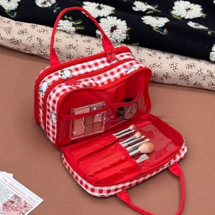 kitty Student Cosmetic Bag Portable Three-layer Large-capacity Partitioned Storage Travel Toil