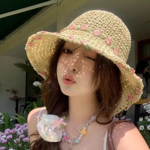 Straw Flower Straw Hat Women's Big Brim Summer Seaside Vacation Beach Face Showing Small Foldabl