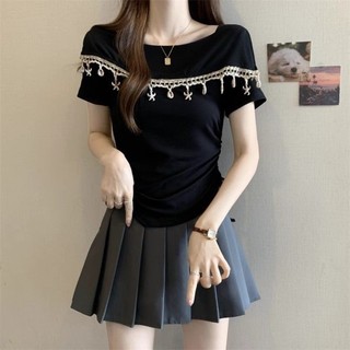 Korean Version Of Fashionable Retro Heavy Industry Tassel Design Square Neck Short-sleeved T-