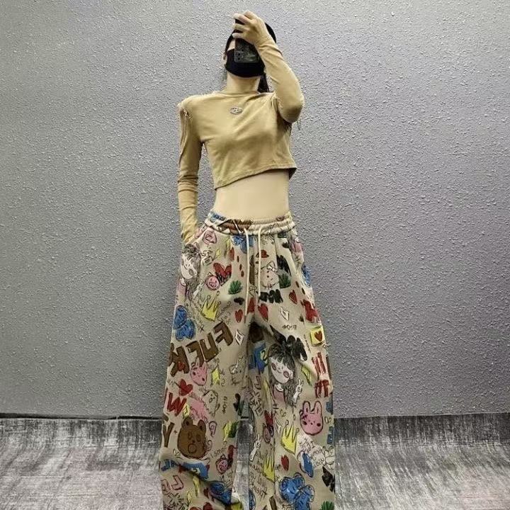 Lan Quần Jeans Mùa Hè Phong Cách Graffiti Mỹ, Ống Rộng Thẳng Mỏng Nhẹ