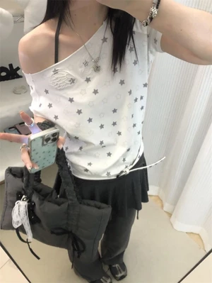 Phong cách Hàn Quốc đôi cánh thêu ngôi sao in hình xiên vai ngắn tay cho nữ cotton nguyên chấ