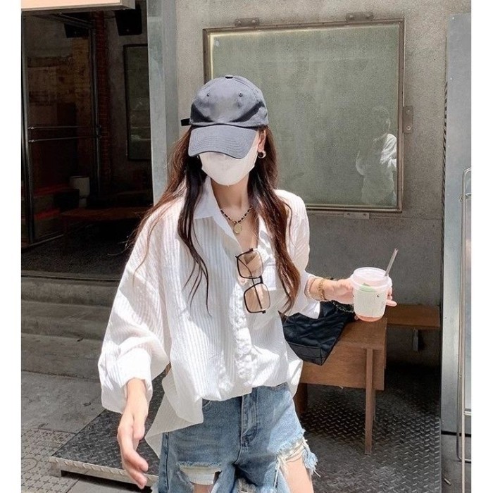 Trắng Chống Nắng Áo Sơ Mi Sọc Mùa Hè Mới Lười Áo Khoác Mỏng Dài Tay Áo Cardigan Top
