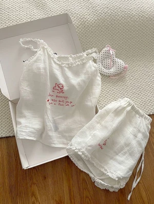 White Lace Trim With Breast Pads And Straps Pajamas For Women, Sweet And Simple, Thin, Girly
