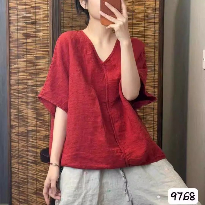 Áo thun cotton và vải lanh phong cách cổ điển dành cho nữ mùa hè mới màu trơn cổ chữ V tay ng