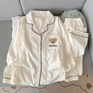 Bộ đồ ngủ nhiều màu sắc chấm gấu dài mùa xuân mây cotton dài tay quần dài hoạt hình dễ thương