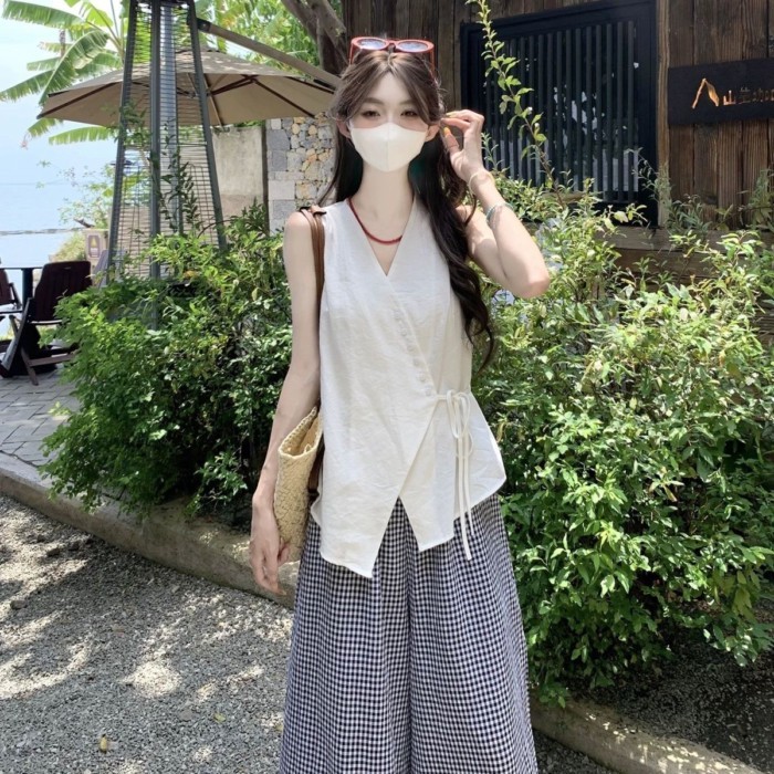 Lan ~ Áo sơ mi không tay cổ chữ v màu vàng dành cho nữ Thiết kế mùa hè Áo sơ mi ren eo hẹp Siêu đẹp Top