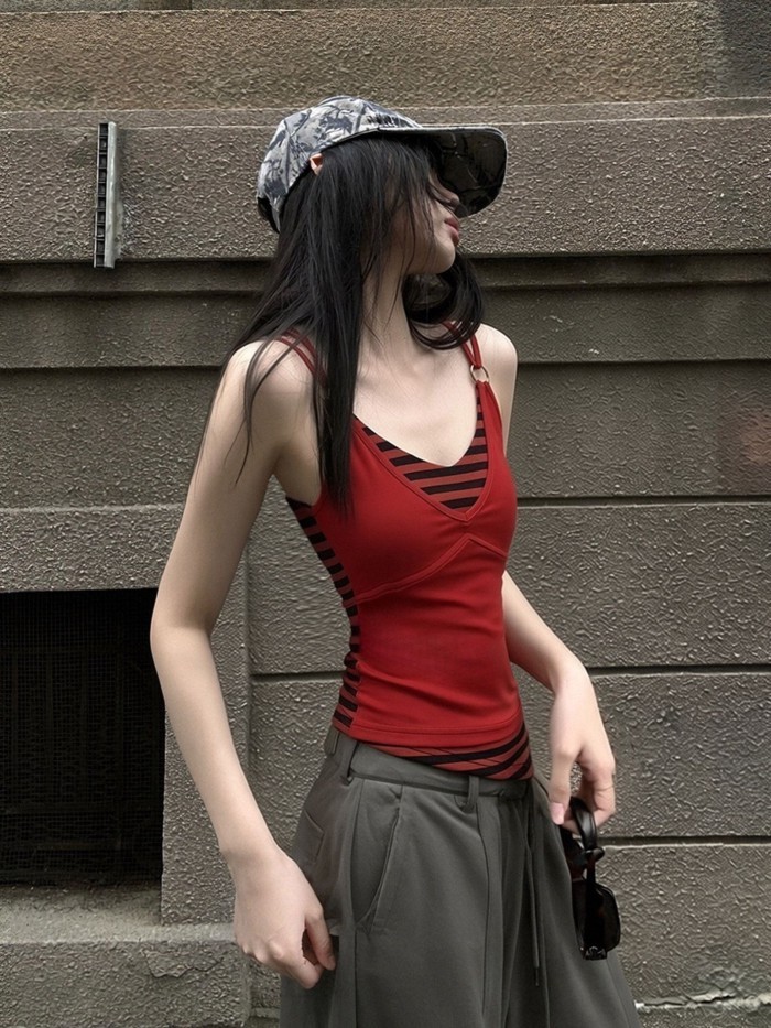 Lan ~ American Hot Girl Retro Sọc Khâu Camisole Thiết Kế Cảm Giác Nữ Mùa Hè Phong Cách Mới Mỏng Hơn Nhìn Nhỏ Top