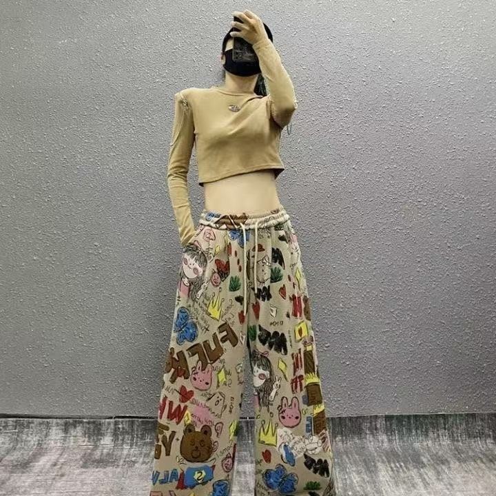 Lan Quần Jeans Mùa Hè Phong Cách Graffiti Mỹ, Ống Rộng Thẳng Mỏng Nhẹ