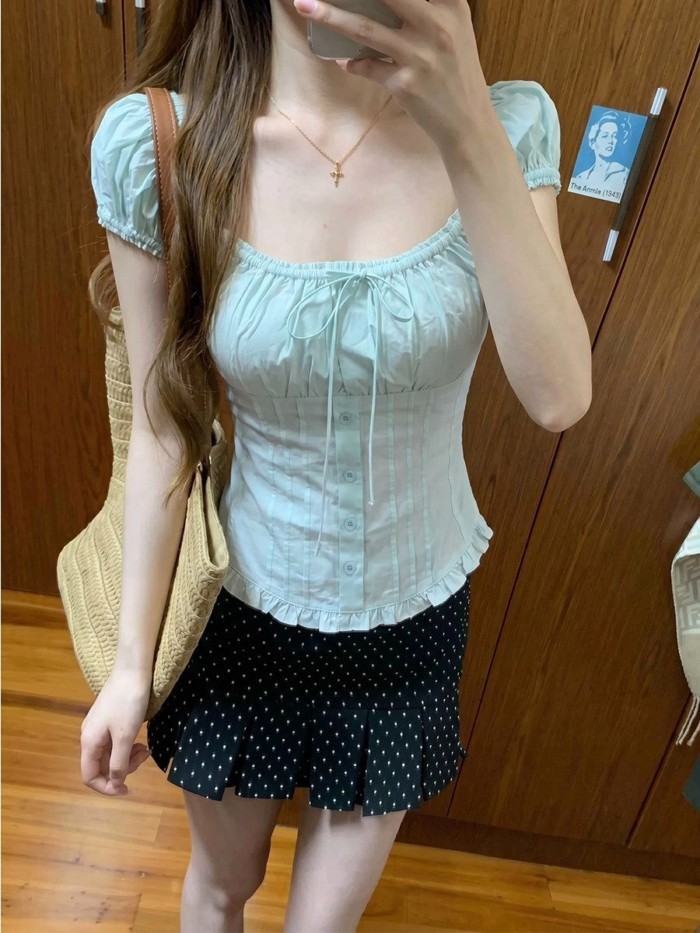 Mint Blue Puff Sleeve Square Neck Short Sleeve Shirt Womens Summer Korean Style Unique And Be