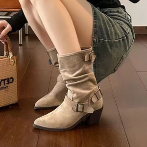 Giày bốt Martin ngang bắp chân dành cho nữ gót dày và mũi nhọn, bốt cao bồi phương Tây, bốt hiệp