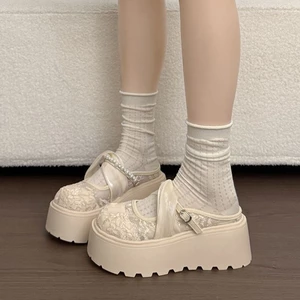 Beautiful Lace Mesh Thick Sole Heightened Baotou Half Slippers Women's Summer Outerwear New Styl