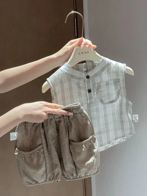 Bộ đồ mỏng không tay mùa hè dành cho bé trai Bộ đồ hở ngực phong cách Hàn Quốc Quần short rộng x
