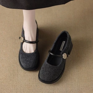 Popular Plush Gray Mary Jane Shoes For Women, Gentle Wind Evening Evening Thick Heel High Heel W