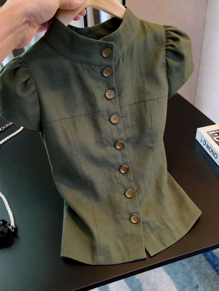 French Puff Sleeve Military Green Button Top For Women, Slim And High-end Design, Super Nice