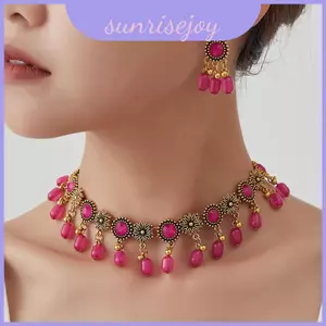 Bộ trang sức cổ điển dân tộc với hoa kim cương nước đầy màu sắc cho mặt dây chuyền nữ