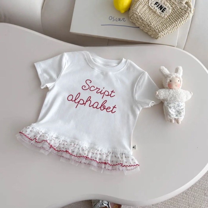 Girls Sweet Style Short-sleeved T-shirt Summer New Style Versatile Lace Top Korean Style Childre