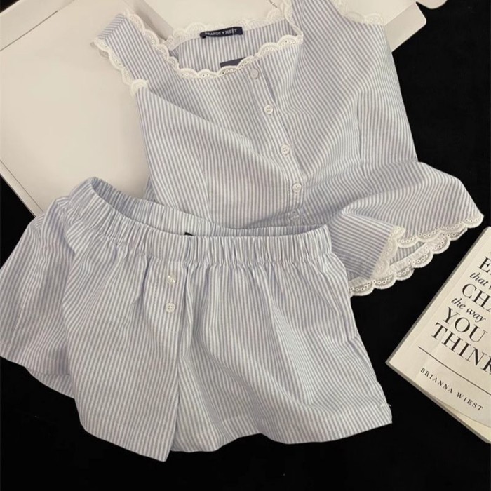 Pajamas For Women, Simple Striped Ins Lace Splicing Suspenders, High Waist Shorts, Home Wear