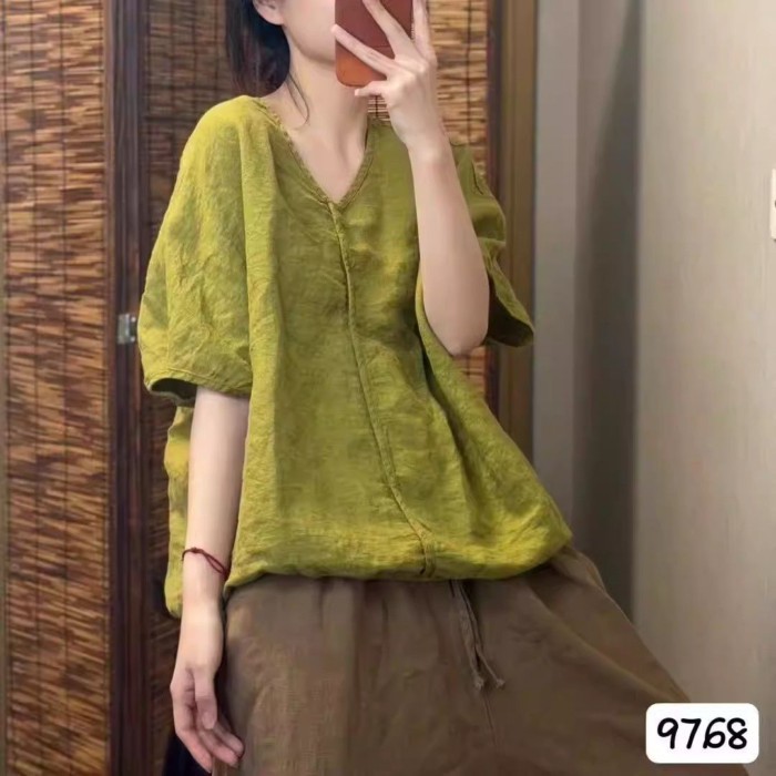 Áo thun cotton và vải lanh phong cách cổ điển dành cho nữ mùa hè mới màu trơn cổ chữ V tay ng