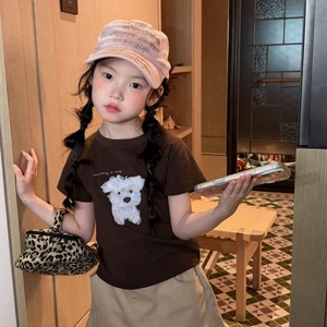 Quần Áo Bé Gái Phiên Bản Hàn Quốc Xu Hướng Thời Trang Màu Nâu Retro Áo Thun Tay Ngắn Trẻ Em Mùa