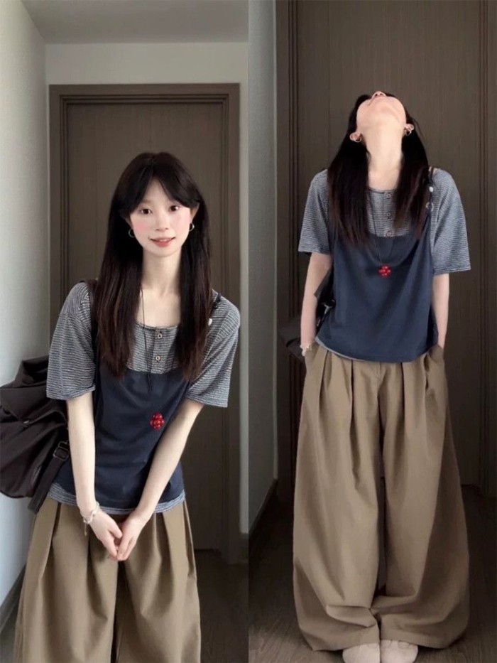 Korean Pure Lust Style Striped Short-sleeved T-shirt With Suspenders For Women Summer New Casual