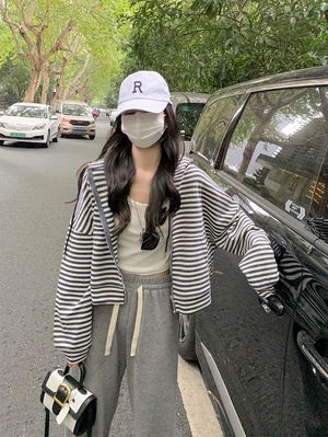Sọc Áo Len Có Mũ Áo Khoác Cardigan Nữ Xuân Thu Phong Cách Hàn Quốc Mỏng Cổ Đa Năng Trên Quần