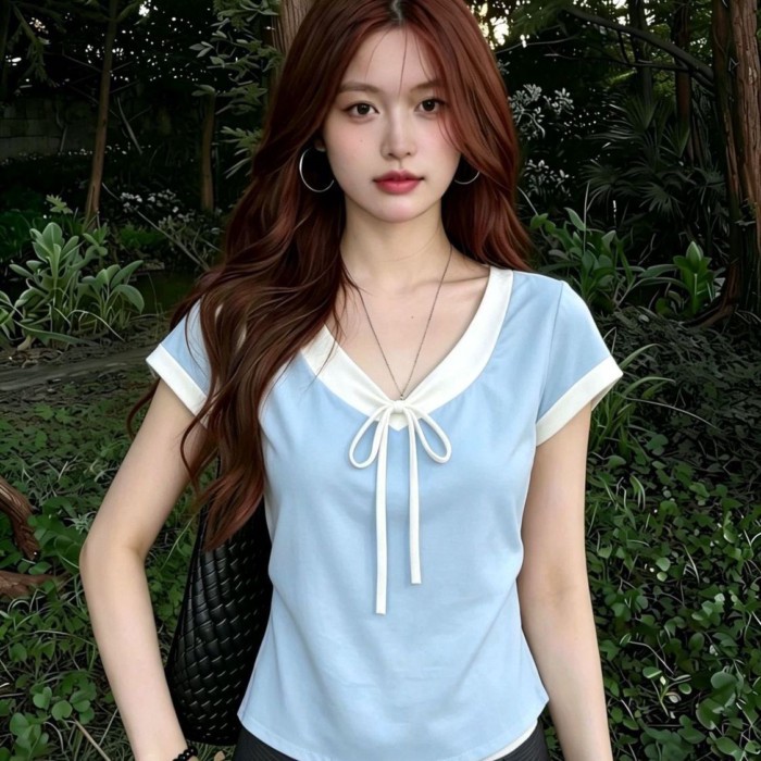 Pure Cotton Korean Style Niche V-neck Contrasting Color Short-sleeved T-shirt For Women Summe
