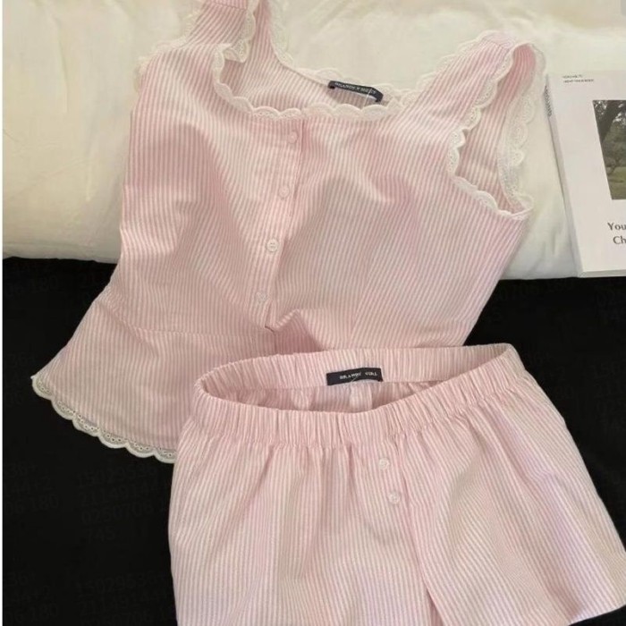 Pajamas For Women, Simple Striped Ins Lace Splicing Suspenders, High Waist Shorts, Home Wear