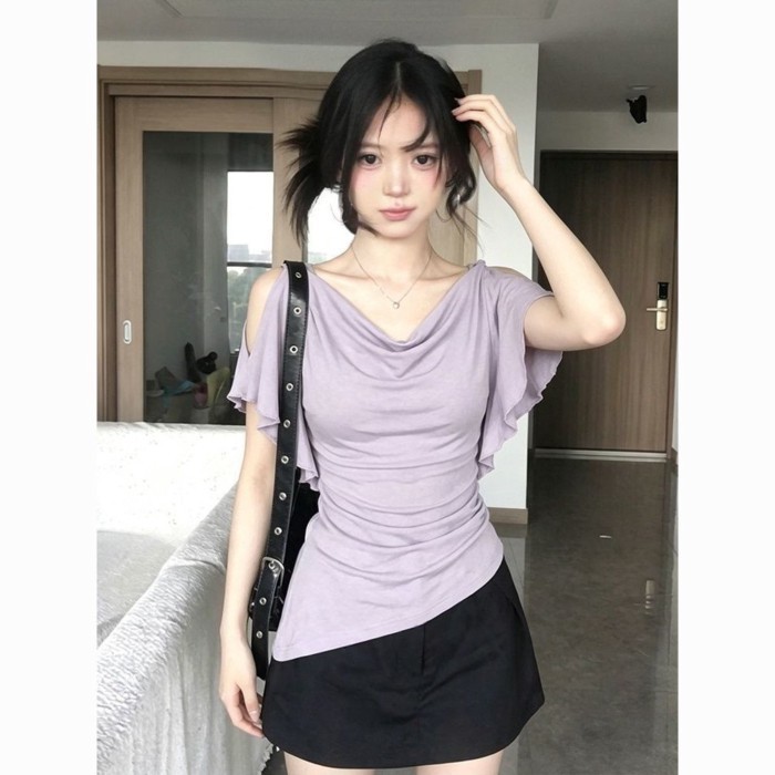 Hot Girls Swing Collar Ruffled Off-the-Shoulder Women's Summer New Pure Desire Niche Irregular P