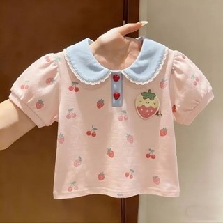 mùa hè mới hoạt hình cô gái ngọt ngào trẻ em bé búp bê màu hồng dễ thương cổ áo thun ngắn tay áo