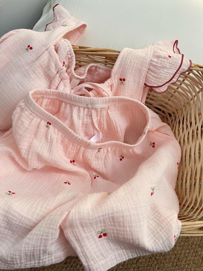 Pajamas For Women, Sweet Little Cherry Wood Ears Suspender Shorts, Skin-friendly With Chest P