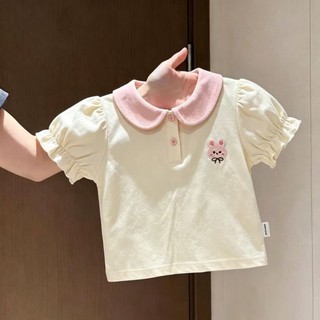 Áo thun ngắn tay thêu gấu mùa hè dành cho bé gái mùa hè ngọt ngào lưng ngắn chất cotton dễ thương d