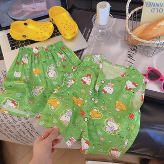 Bộ đồ hai mảnh cotton lụa mùa hè thoáng mát phong cách trẻ em mặc ở nhà Bộ đồ hai mảnh đa năng cho